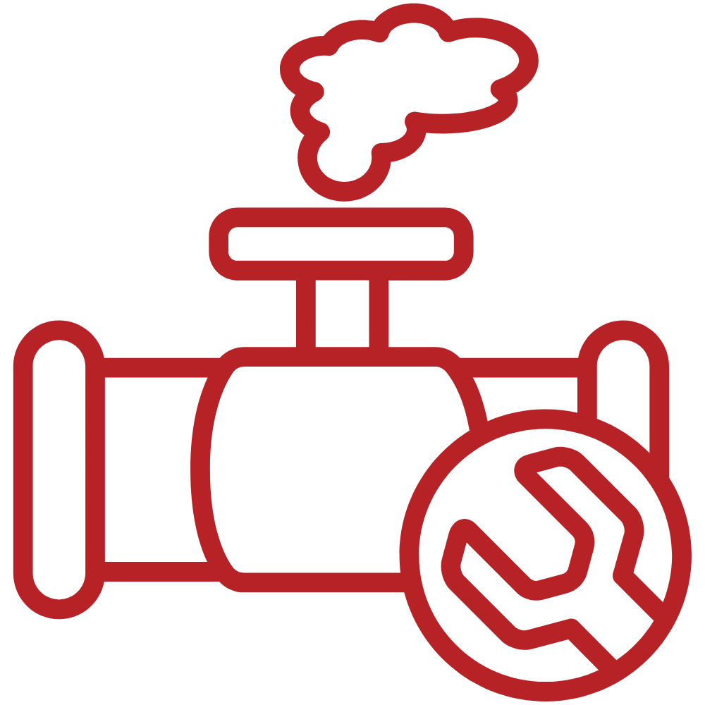 Red icon of a pipe valve releasing steam with a wrench overlay.
