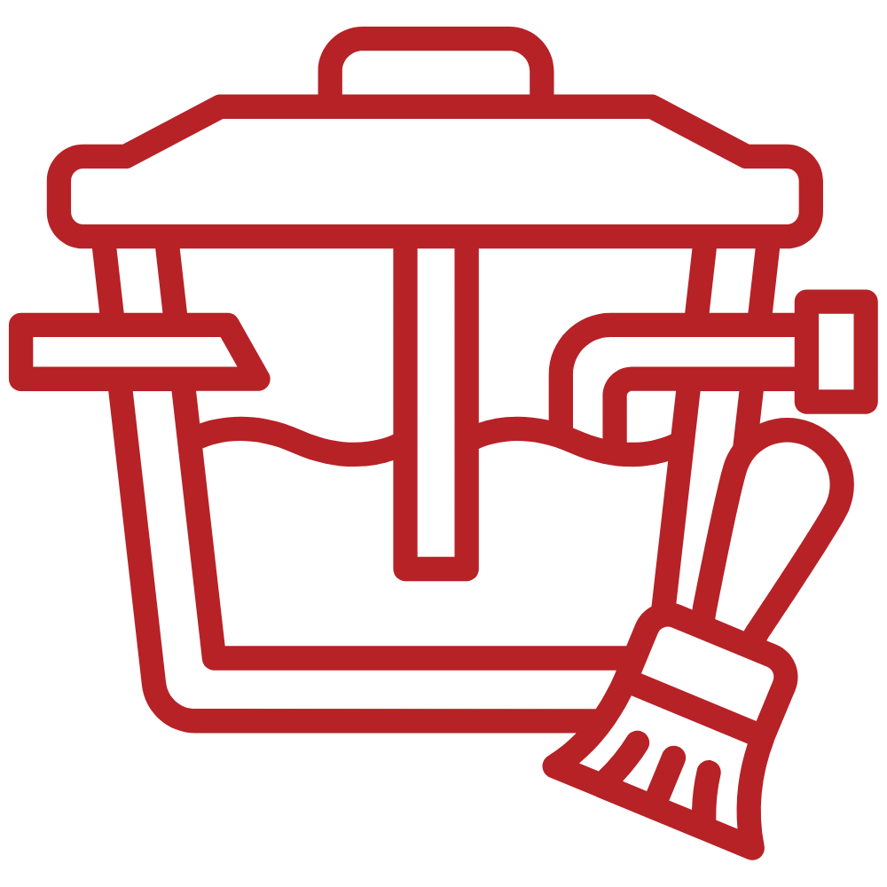 Red paint bucket with a brush and faucet.