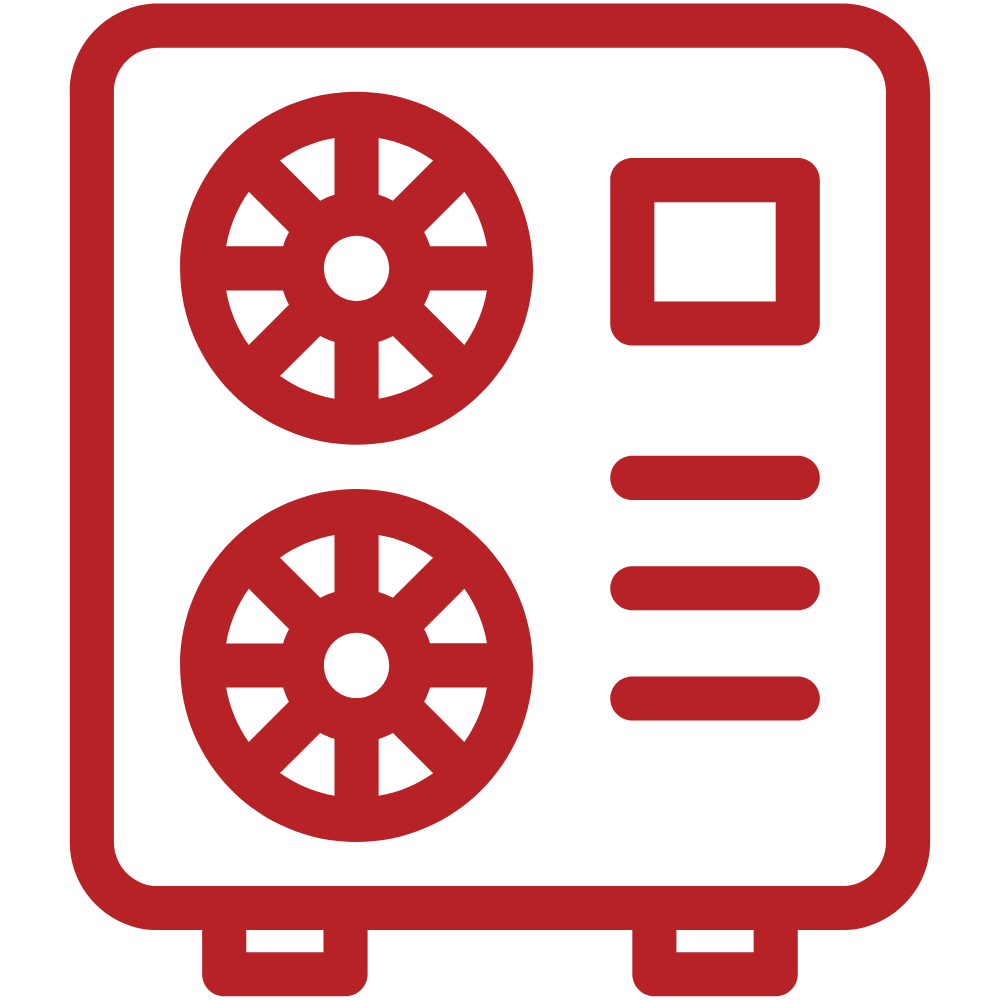 Red icon of an air conditioning unit with two fan-like circles, a square, and lines.