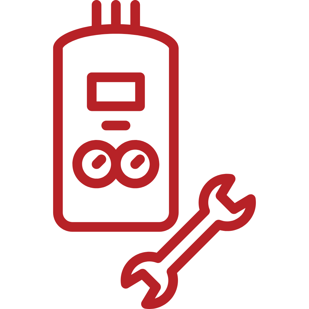 Red icon of a water heater with a wrench, indicating maintenance or repair.