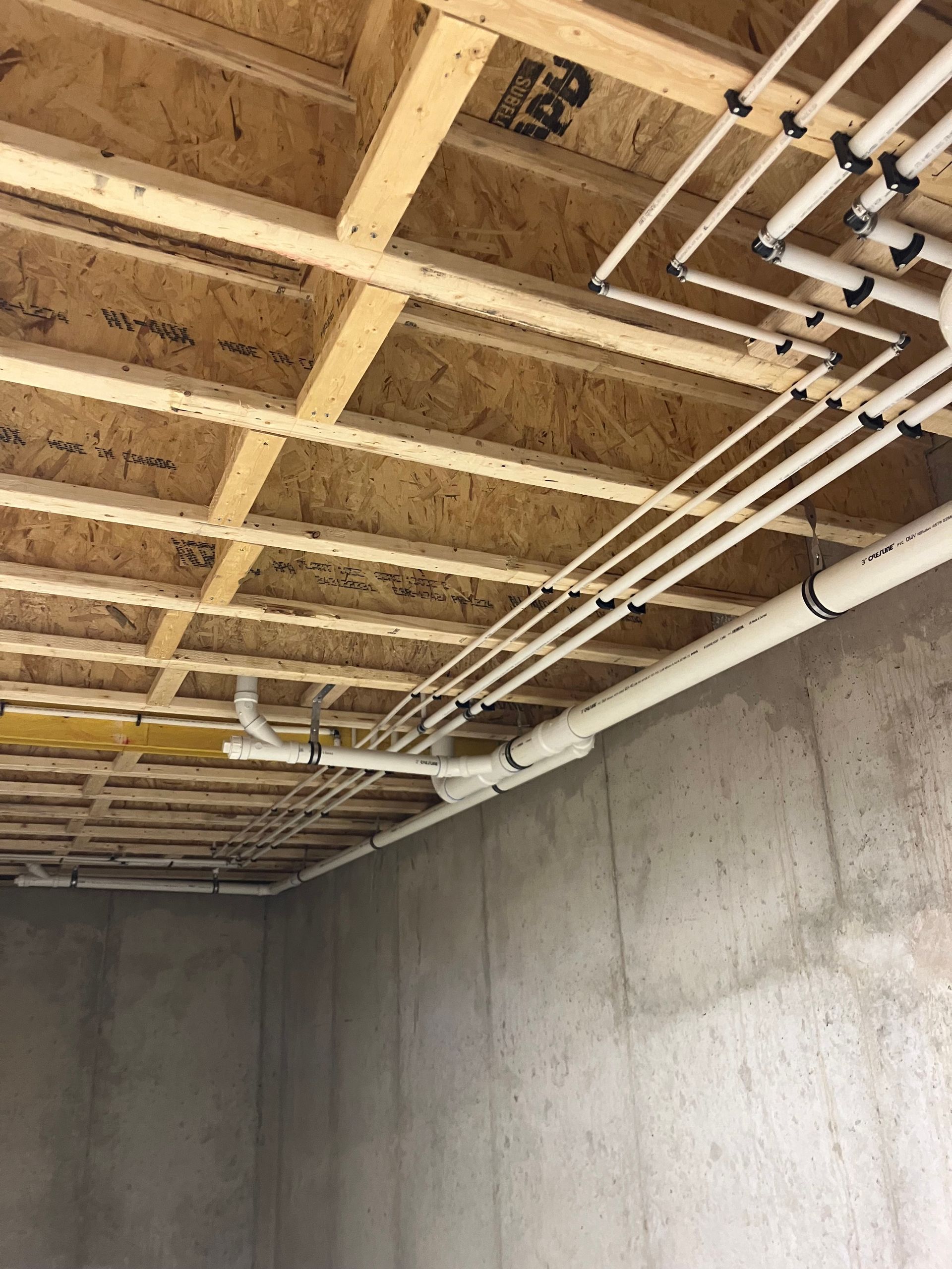 Pipes and framing in a basement ceiling; white PVC pipes run across the wooden beams and concrete wall.