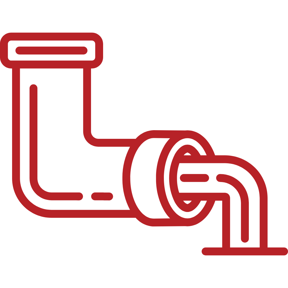 Red outline of a pipe with a 90-degree bend, water exiting from the outlet.