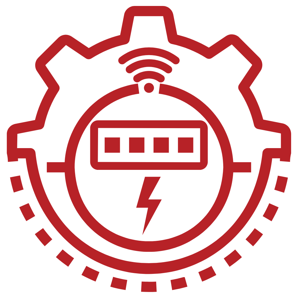 Red gear with wireless signal, battery indicator, and lightning bolt.