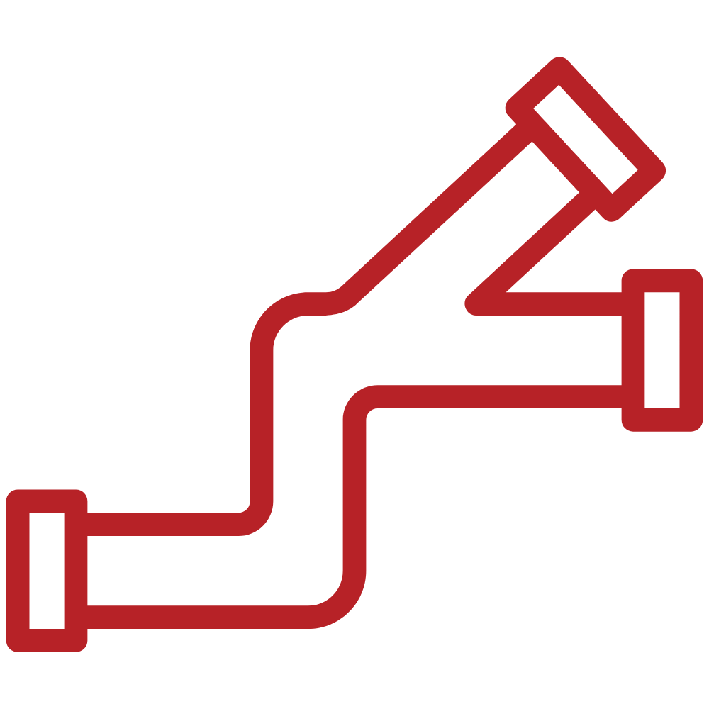 Red plumbing pipe with three open ends, a Y-shape, and multiple bends.
