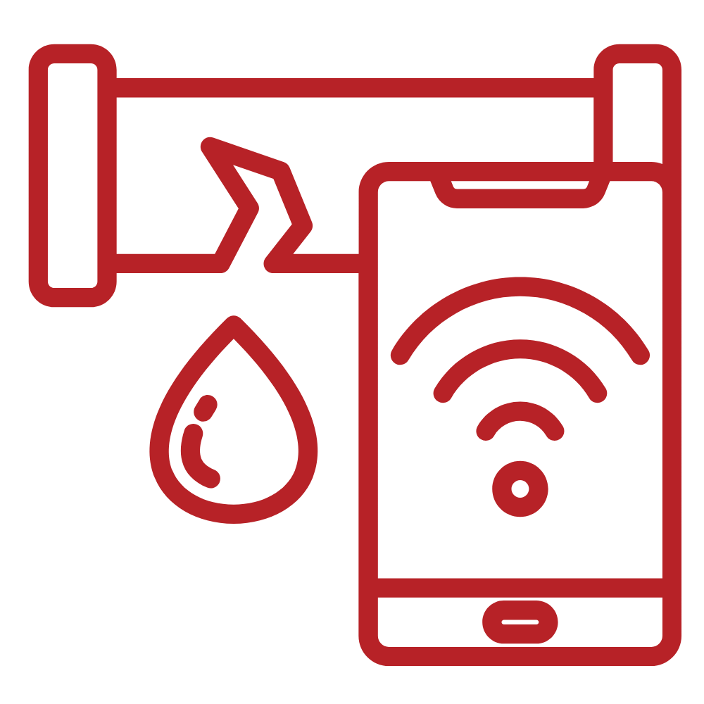Red icon: a broken pipe leaking water, connected to a smartphone with WiFi signal.
