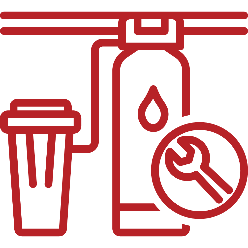 Red icon of a water filter system with a wrench, suggesting maintenance or repair.
