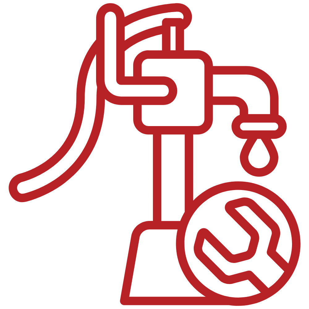 Red illustration of a water pump with a wrench inside a circle, indicating repair or maintenance.