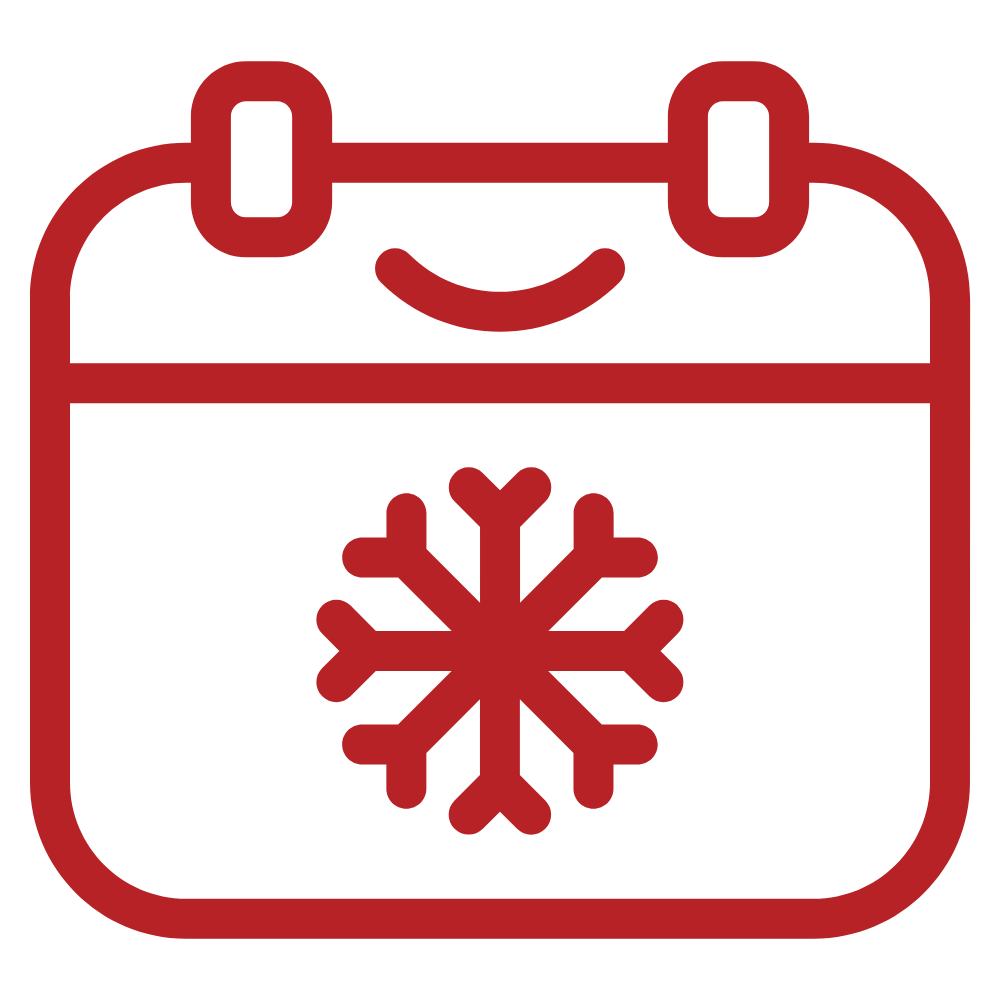 Red calendar with a smiling face and a snowflake.