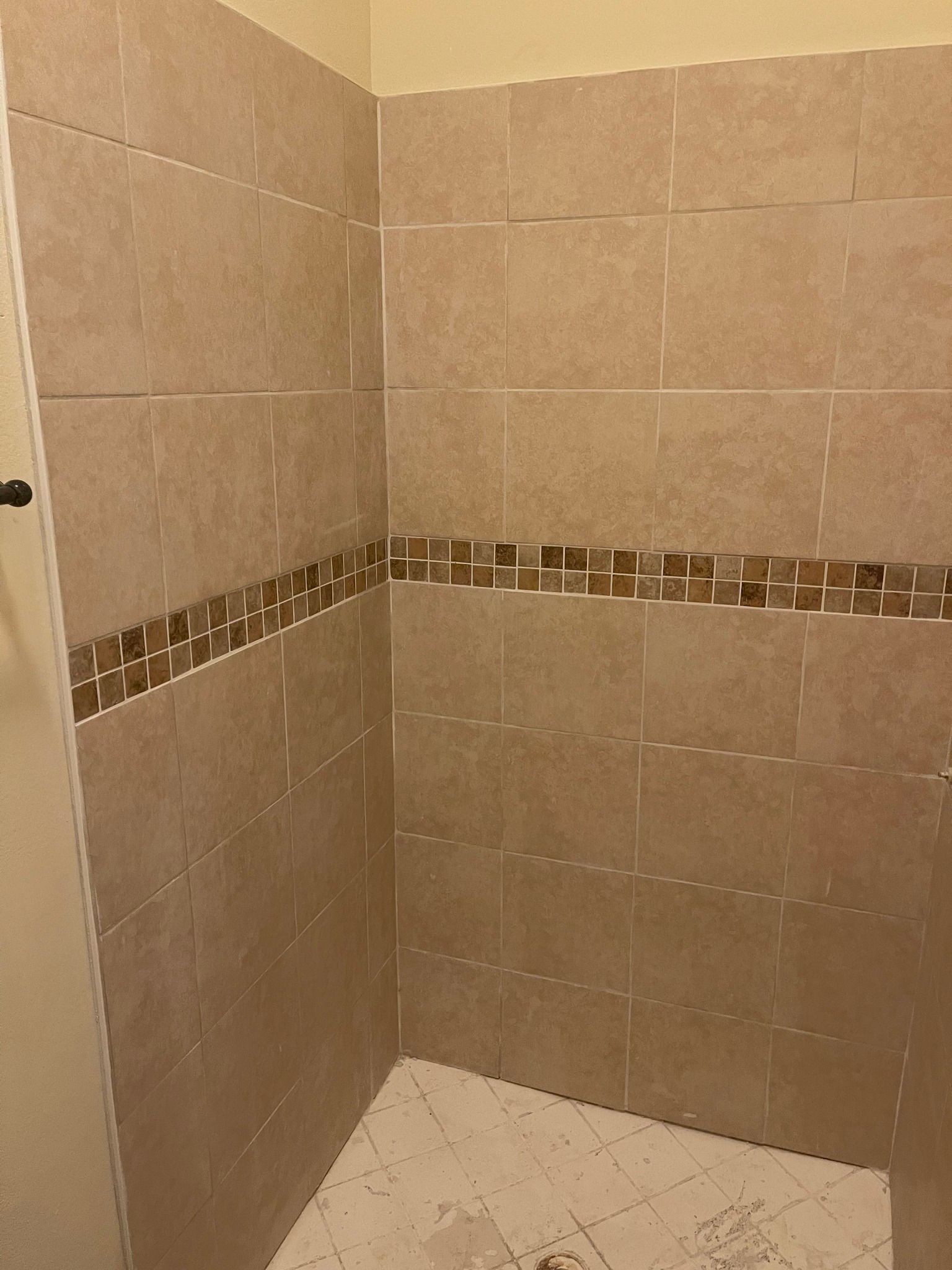 Shower stall with beige tiles and a brown mosaic accent band.