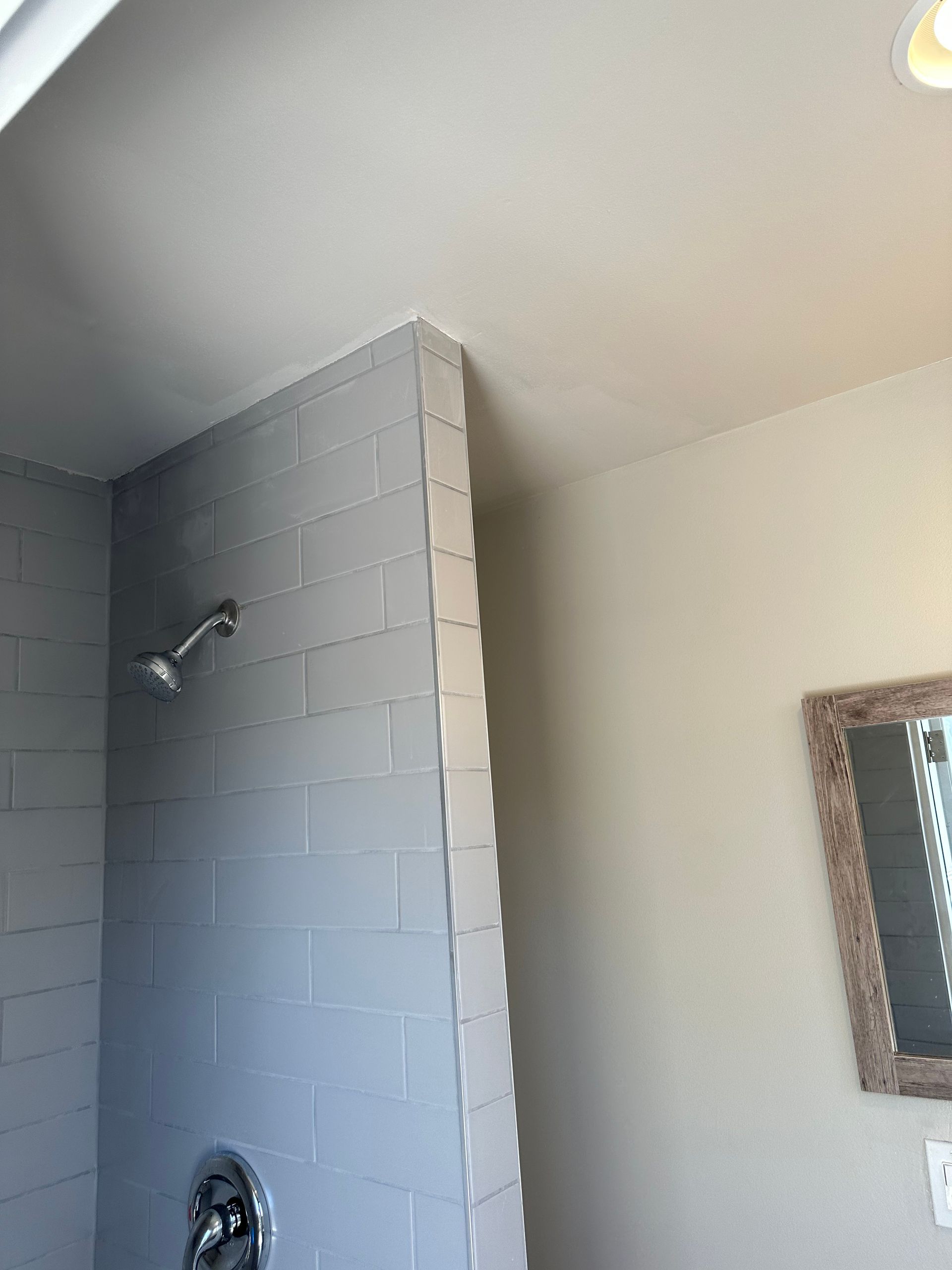 Bathroom with gray tiled shower, white walls and ceiling, and a mirror.
