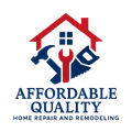 Logo for "Affordable Quality" home repair, with a house, tools in red & blue.
