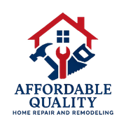 Logo for "Affordable Quality" home repair, with a house, tools in red & blue.