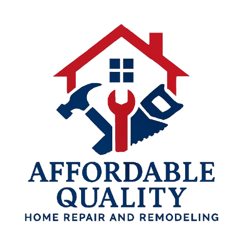 Logo for "Affordable Quality" home repair, with a house, tools in red & blue.