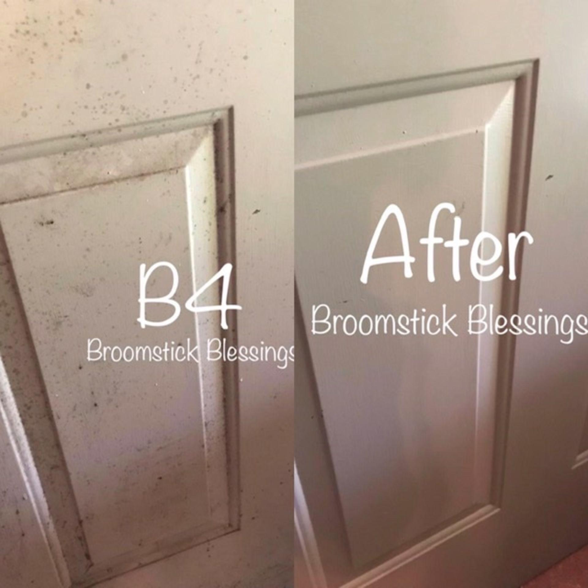 A before and after picture of a door that has been cleaned with b4 broomstick blessings