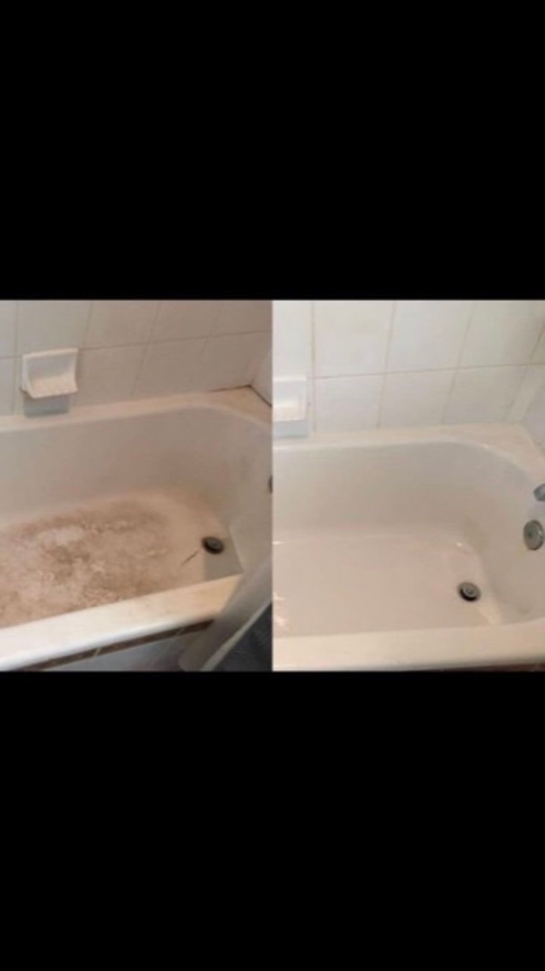 A before and after picture of a bathtub in a bathroom.