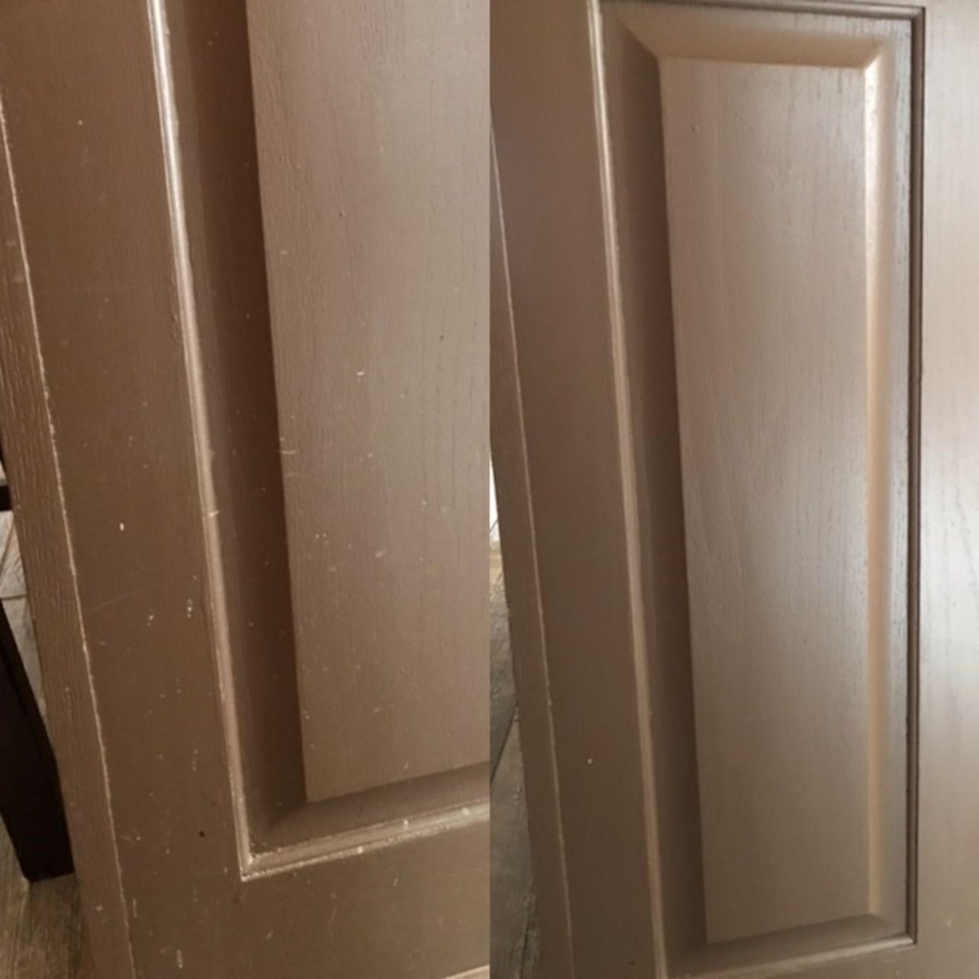 A before and after picture of a wooden door.