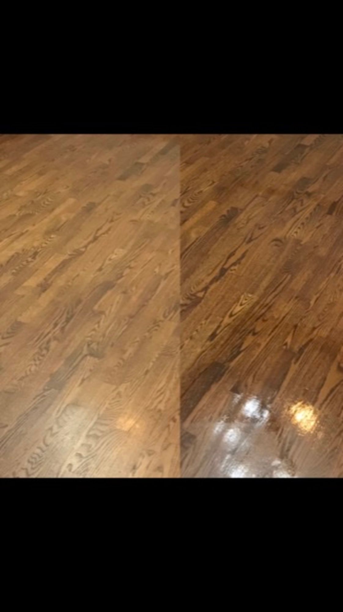 A before and after picture of a wooden floor.