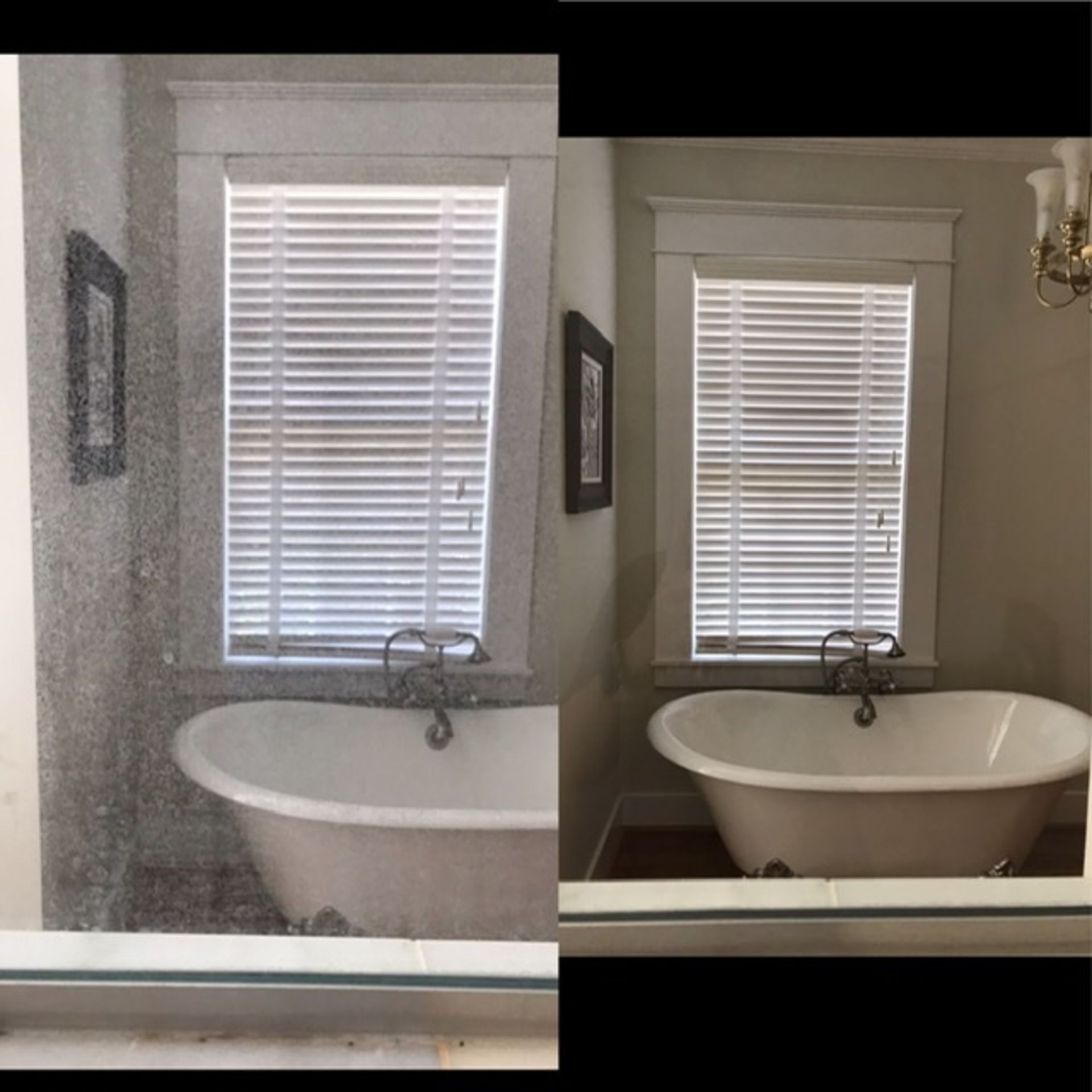 A bathroom with a tub and a window with blinds.