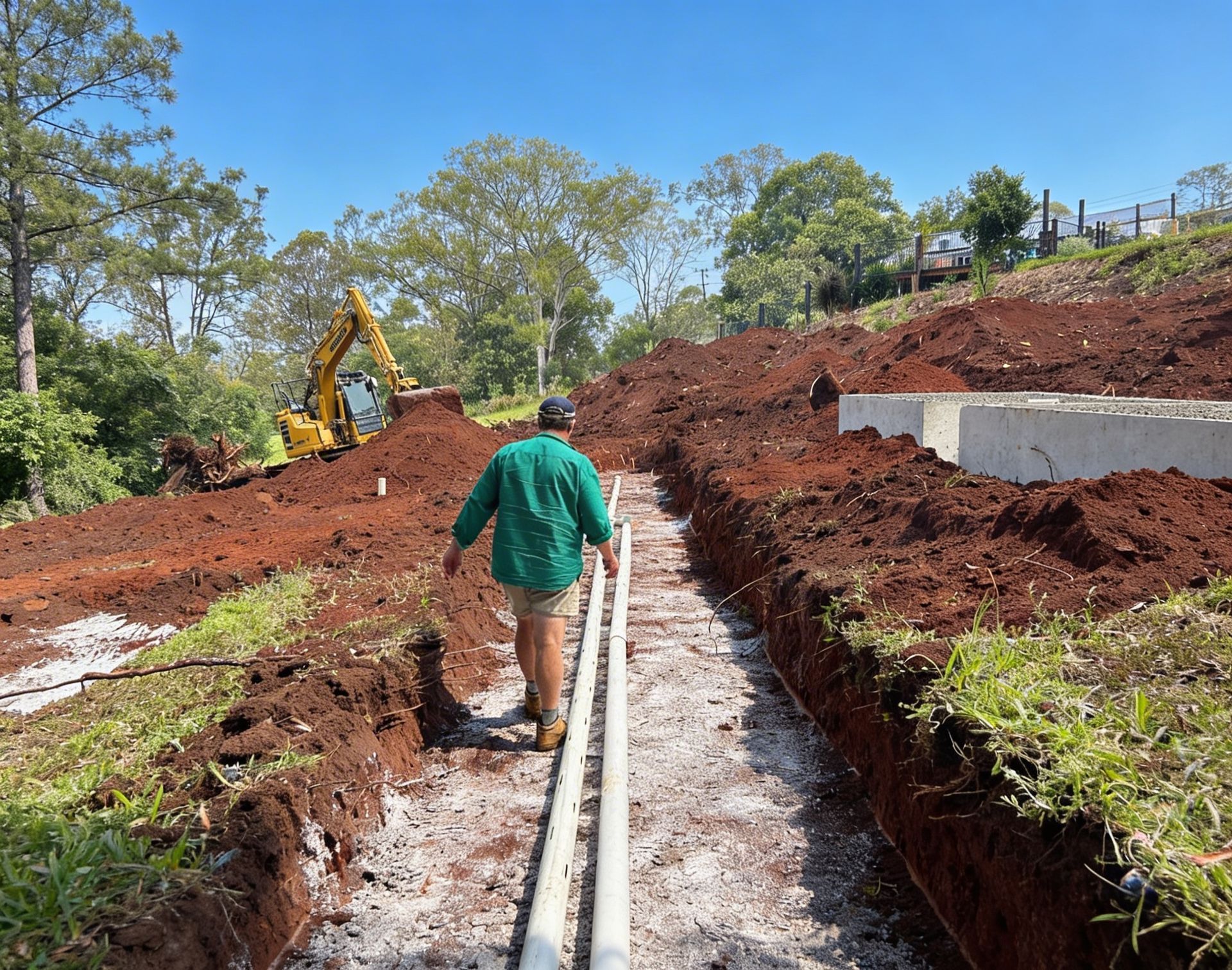 A person walks along two white pipes laid in a dirt trench on a construction site with an excavator in the background.