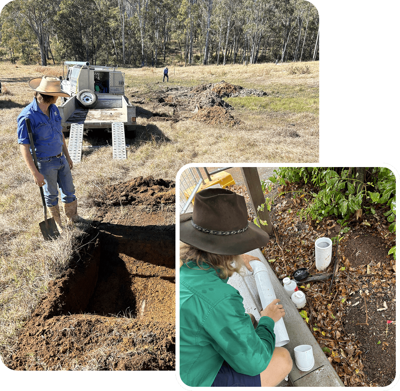 A composite image of field research: one person digging a soil pit and another installing PVC monitoring tubes in the ground.