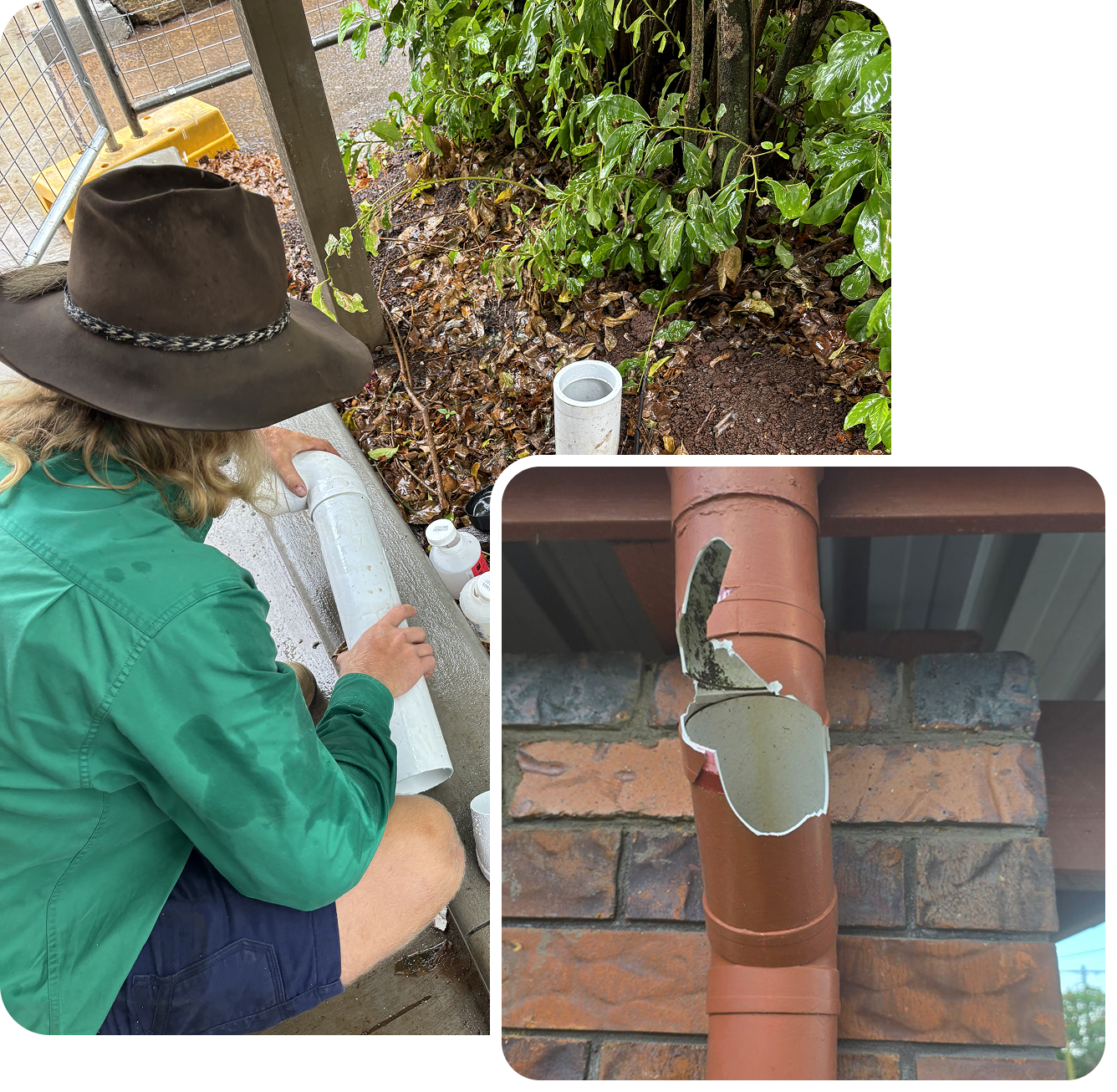 A person in a hat works on a white pipe, while an inset shows a brown downpipe with a broken section against a brick wall.