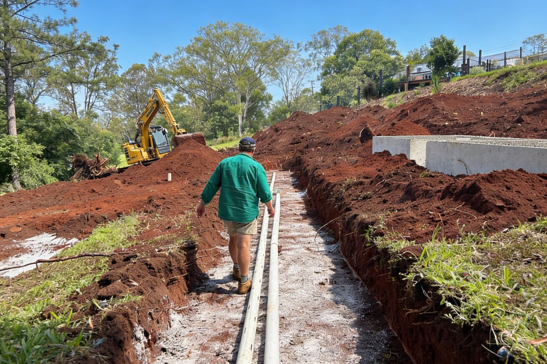 A person walks along two pipes laid in a trench at a construction site with red soil and an excavator in the background.
