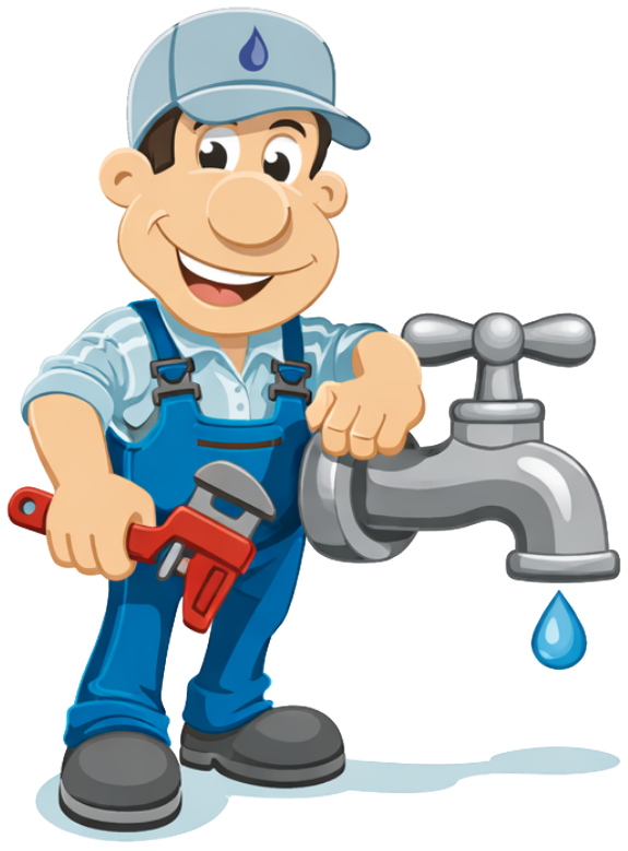 Cartoon plumber wearing blue overalls and a cap, holding a red pipe wrench next to a silver faucet with a dripping drop.