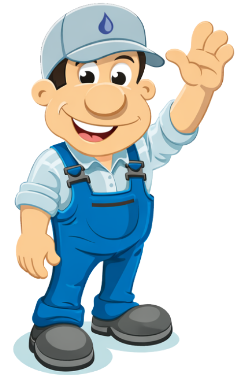 A friendly plumber wearing a blue cap with a water drop icon and blue overalls, waving their hand while smiling.