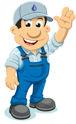 A friendly plumber wearing a blue cap with a water drop icon and blue overalls, waving their hand while smiling.