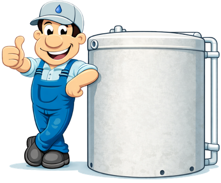 A cartoon worker in a light blue shirt, blue overalls, and a cap gives a thumbs up while leaning against a large water tank.