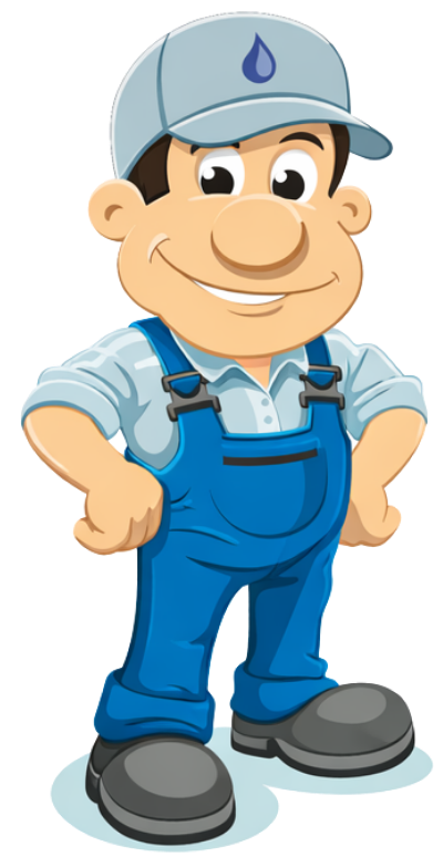 A cartoon plumber in a blue uniform and cap with a water drop icon, standing with hands on hips and smiling.
