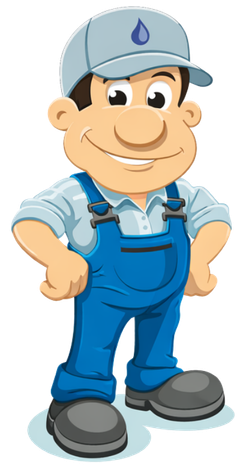 A cartoon plumber in a blue uniform and cap with a water drop icon, standing with hands on hips and smiling.
