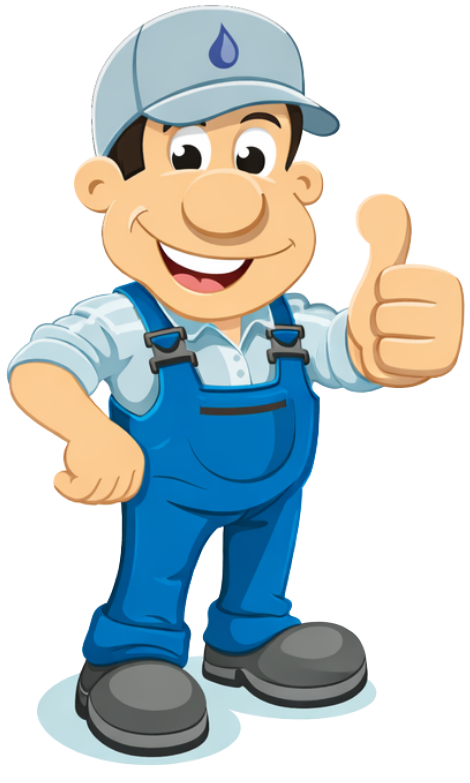 A smiling plumber wearing blue overalls and a grey cap with a water drop icon, giving a thumbs-up.