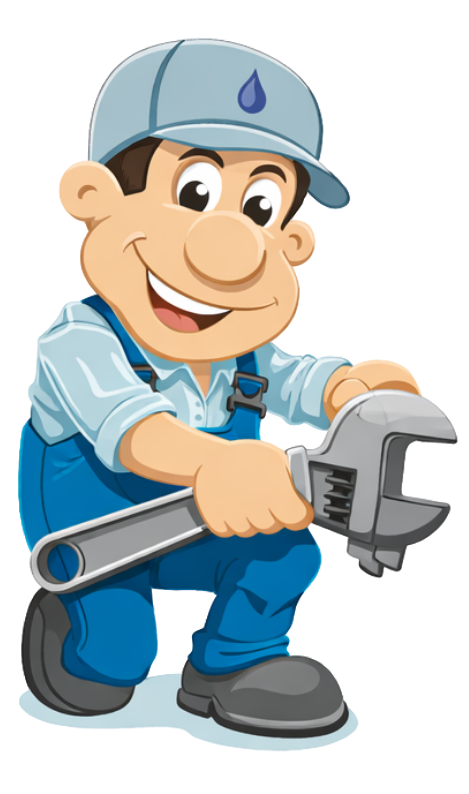 A cartoon plumber wearing blue overalls and a cap, smiling while holding a large adjustable wrench.