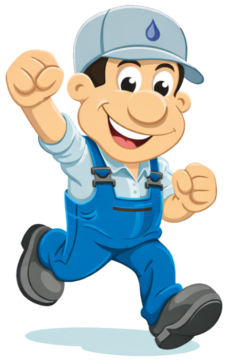 Cartoon plumber in blue overalls and a grey cap with a water drop icon, smiling and running with a fist raised.