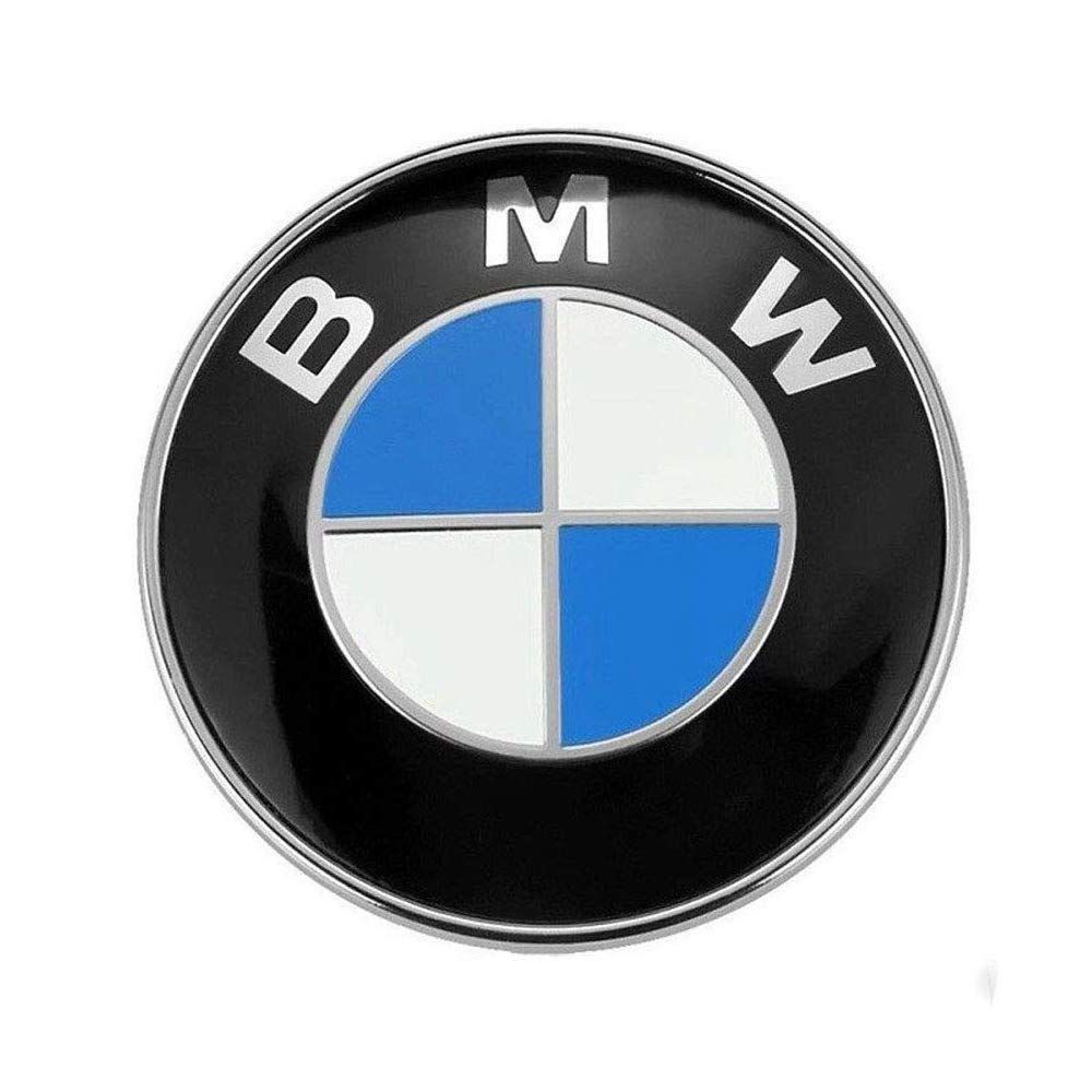 BMW logo: circular emblem with blue, white segments surrounded by black and silver trim; the word BMW on outer edge.
