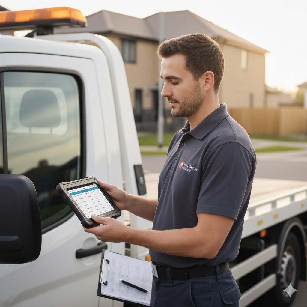 Man with tablet next to tow truck, reviewing a schedule. Grey shirt, clipboard in hand, residential backdrop.