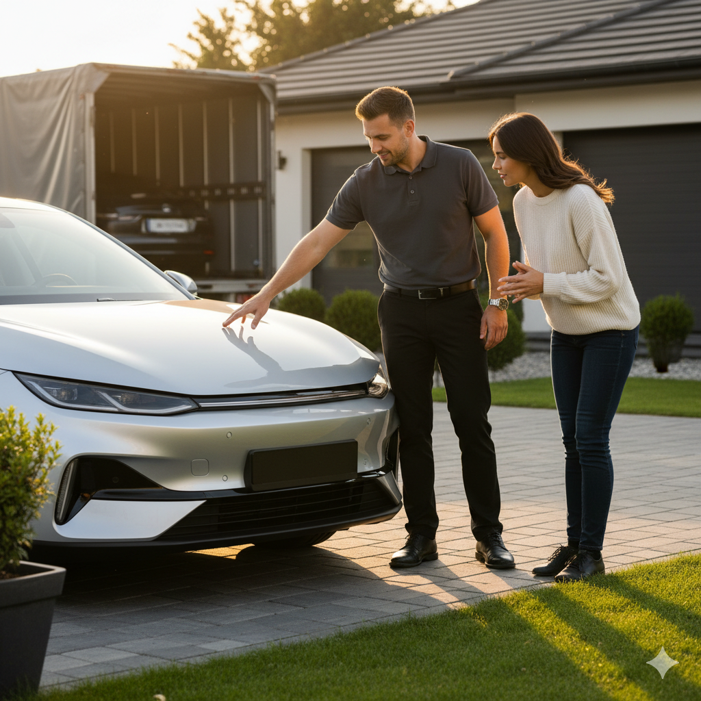 Man points at the front of a silver car as woman looks on. Car is in a driveway; moving truck in the background.