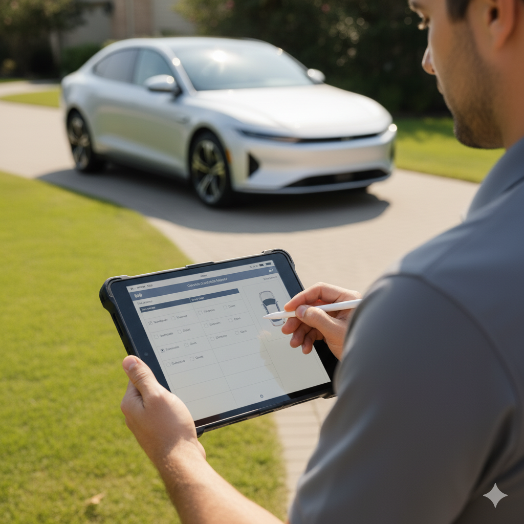 Man using tablet, likely for car inspection, in front of silver electric car on a driveway.