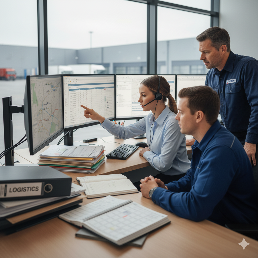 A photo of an administrator working at a desk with a computer and paperwork. This is linked to Transport & Logistics Administrator page.