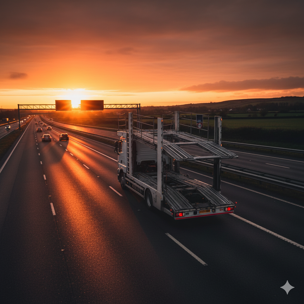 Car hauler truck driving on a highway at sunset. Orange sunlight illuminates the road.