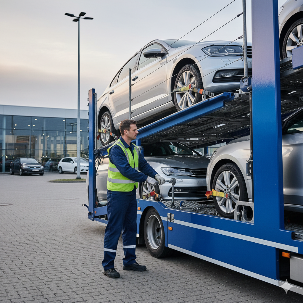 Man securing car on a car hauler truck at a dealership.
