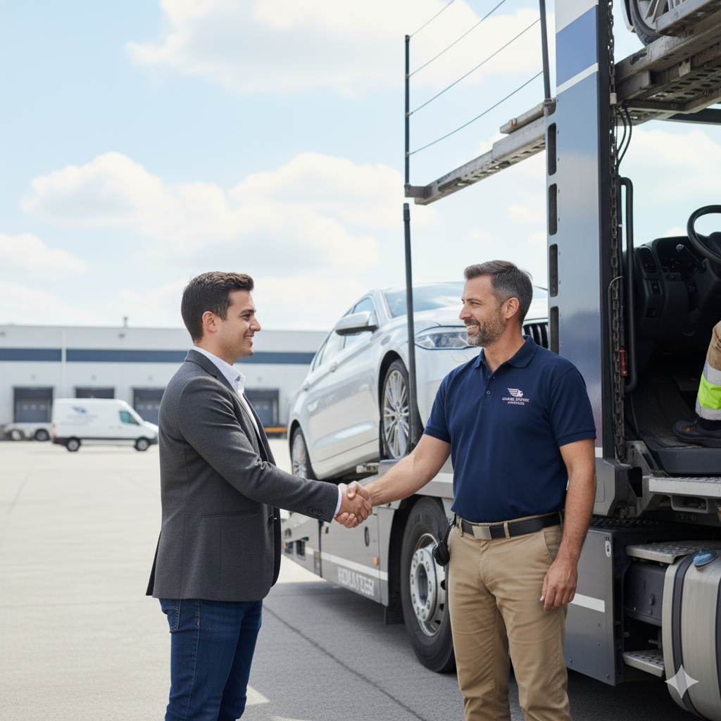 Two men shaking hands beside a car transport truck with a silver car.