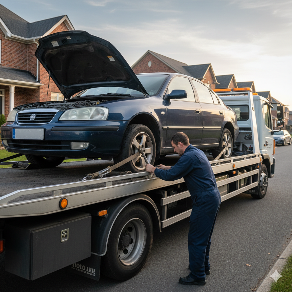 A tow truck operator secures a blue car with its hood open, on the truck bed in front of houses.