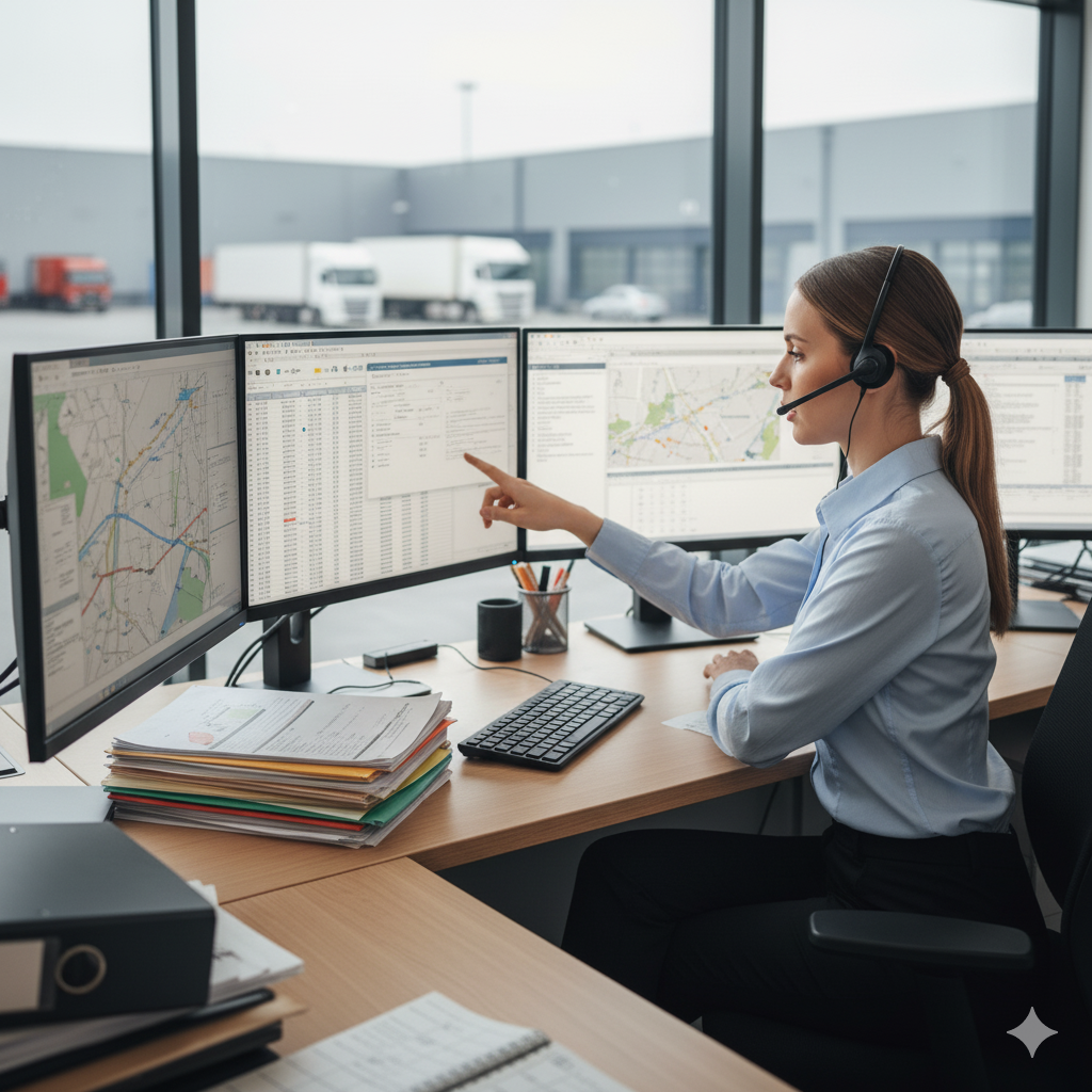 Woman in headset points at a computer screen displaying maps and data, in an office overlooking a shipping yard.