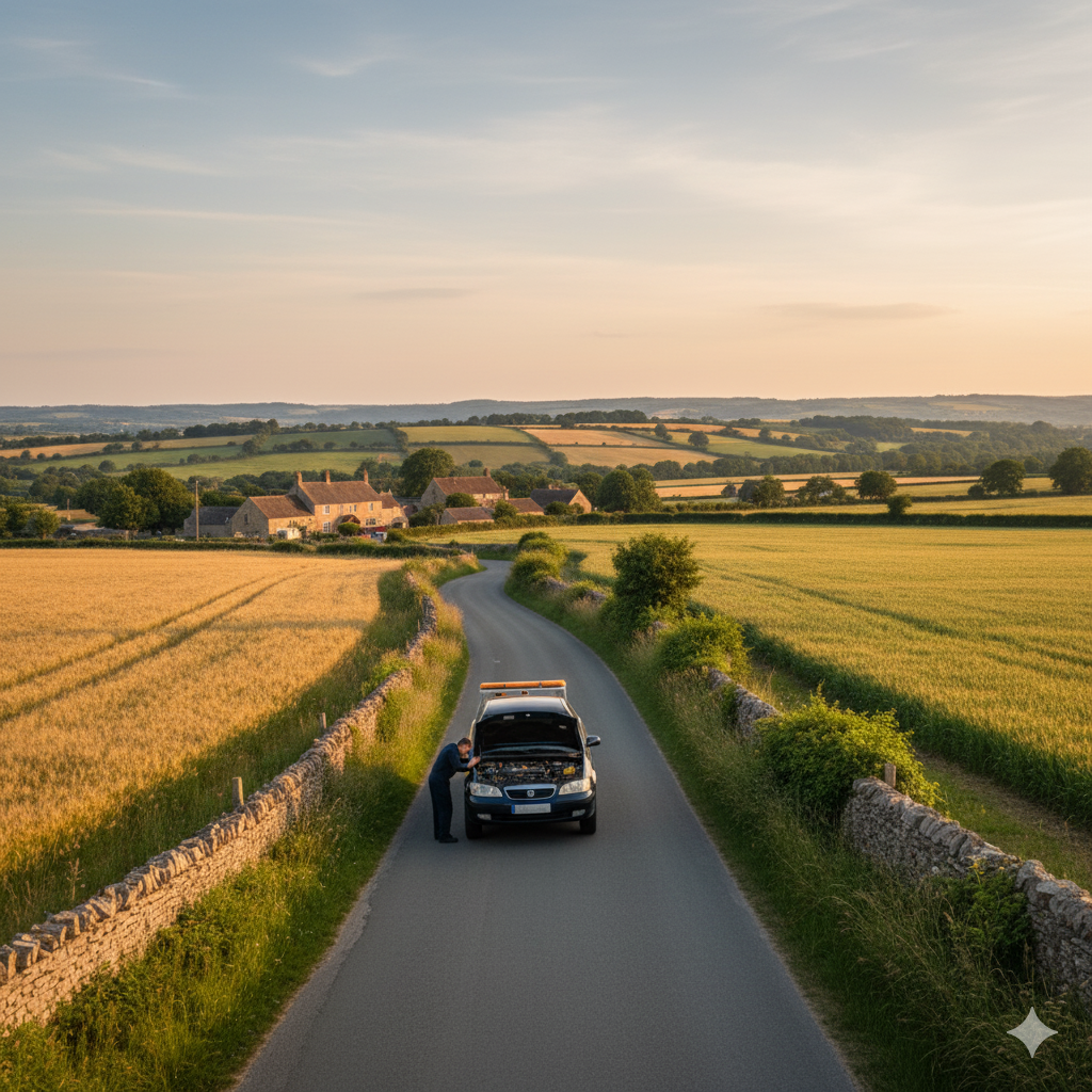 Car with open hood on a rural road; a person stands near it. Fields and a village are in the background.