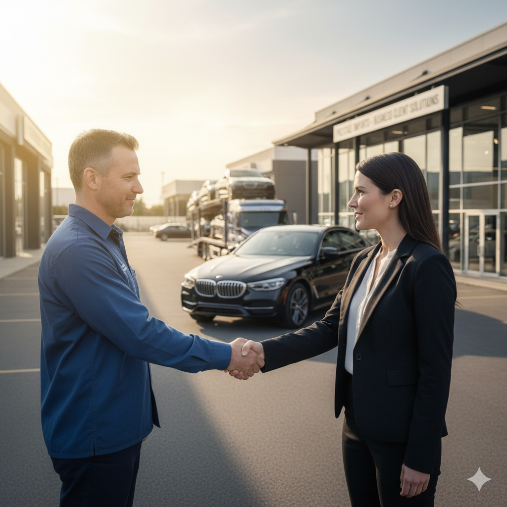 Man and woman shaking hands in front of a car dealership. Sunny day.