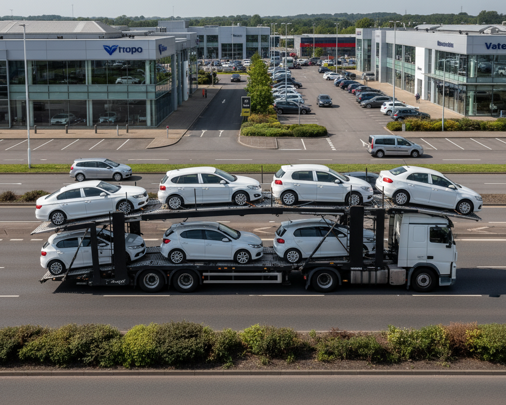 A car transporter truck carrying white cars drives past a car dealership on a sunny day.