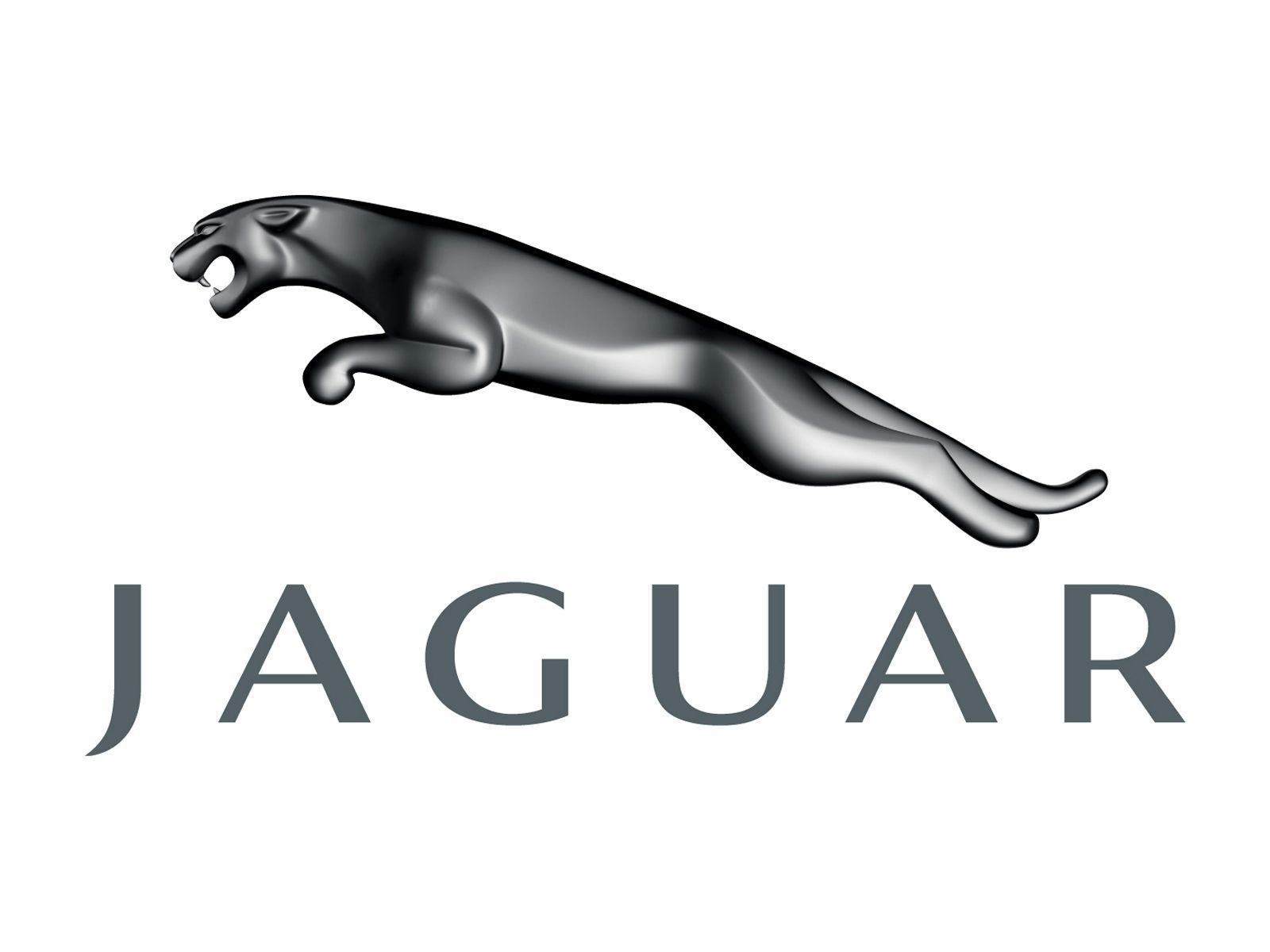 Jaguar logo with silver leaping jaguar above the brand name in gray.