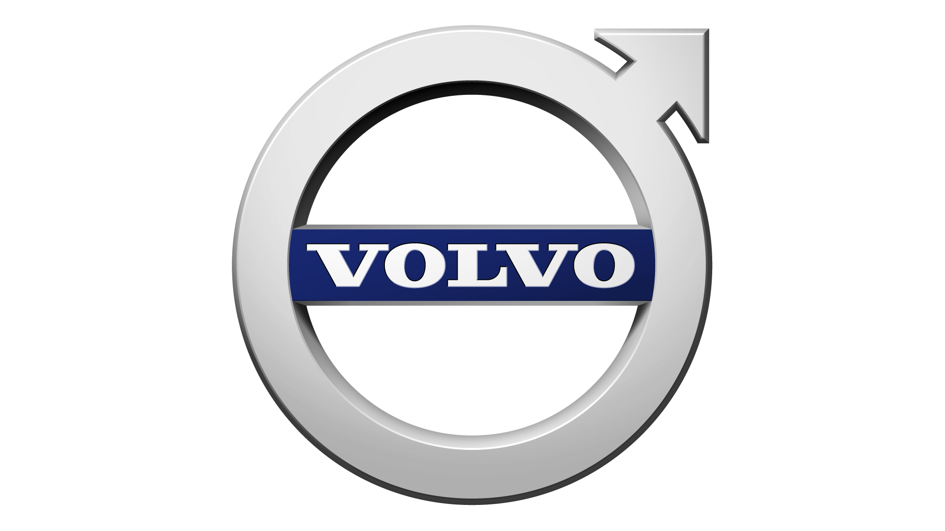 Volvo logo, a silver circle with an upward-pointing arrow and the word VOLVO in blue.